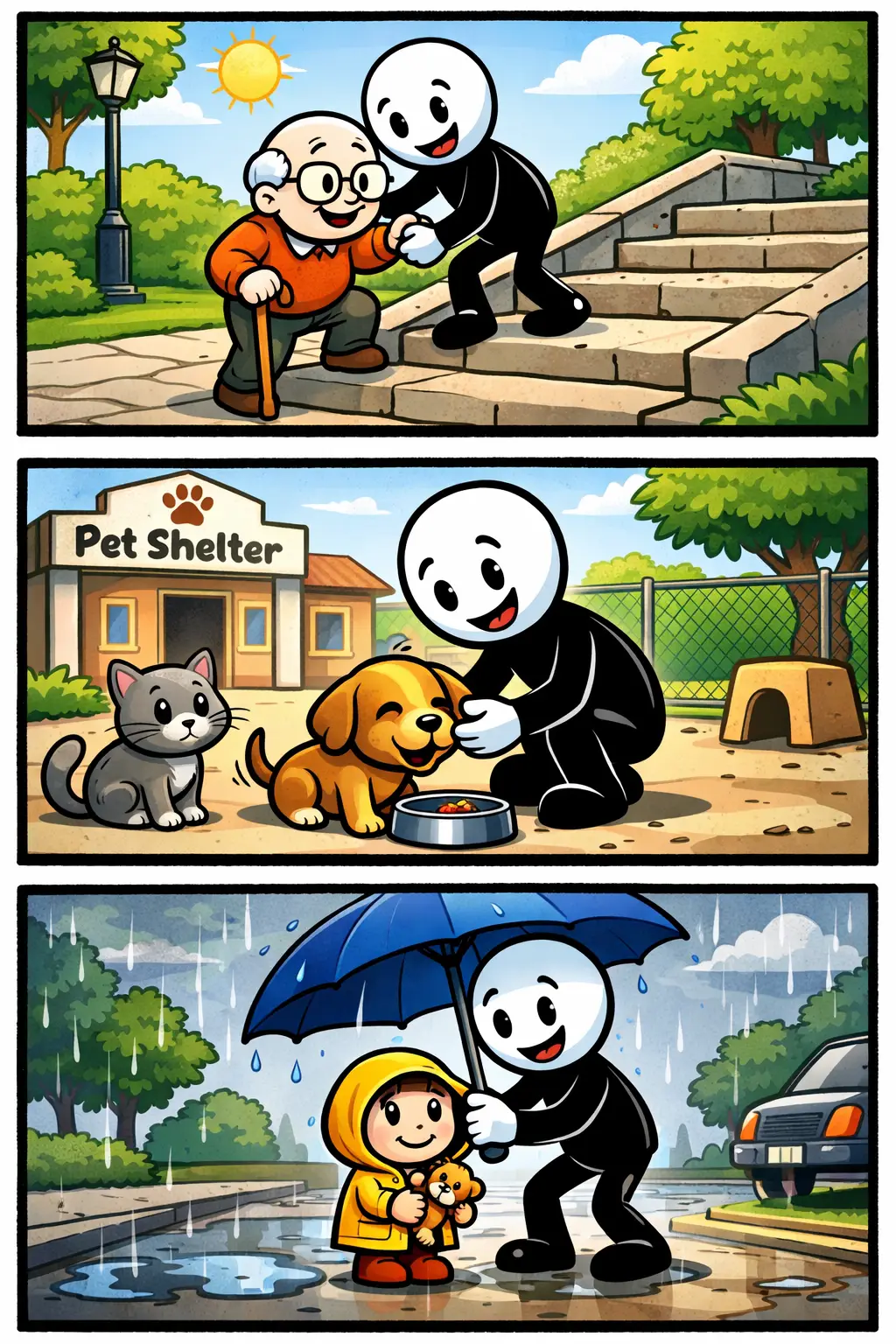 Een Toonwords-strip van het woord help de zwakkeren waarin een stickman anderen ondersteunt in verschillende situaties, zoals helpen, troosten en beschermen, met een positieve en zorgzame houding.