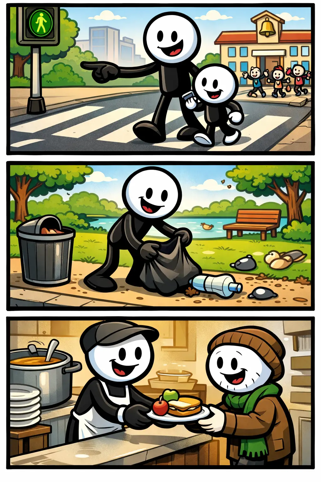 Stickman laat zien wat Het goede voorbeeld zijn betekent door eerst zelf op te ruimen, waarna anderen hem volgen en samen de omgeving netjes maken in drie opeenvolgende panelen.