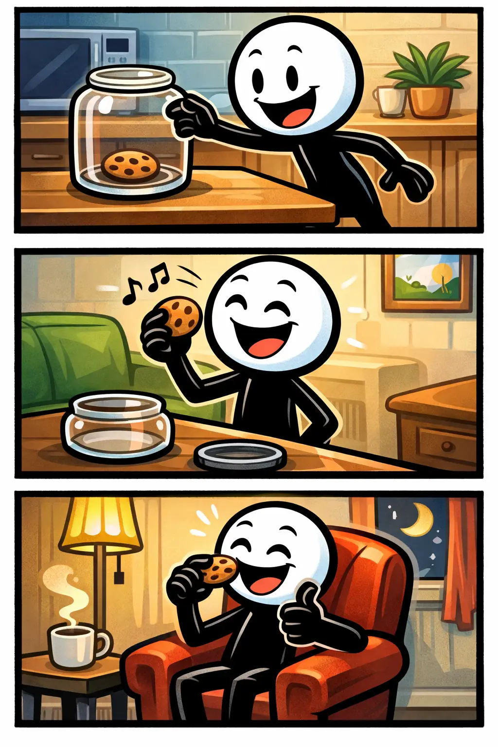 Een Toonwords-strip met drie panelen waarin een stickman met witte kop en zwart lichaam in een gezellige keuken het laatste koekje pakken wil: eerst kijkt hij nieuwsgierig naar een bord met één koekje, daarna reikt hij twijfelend uit, en in het laatste paneel eet hij blij het koekje op.