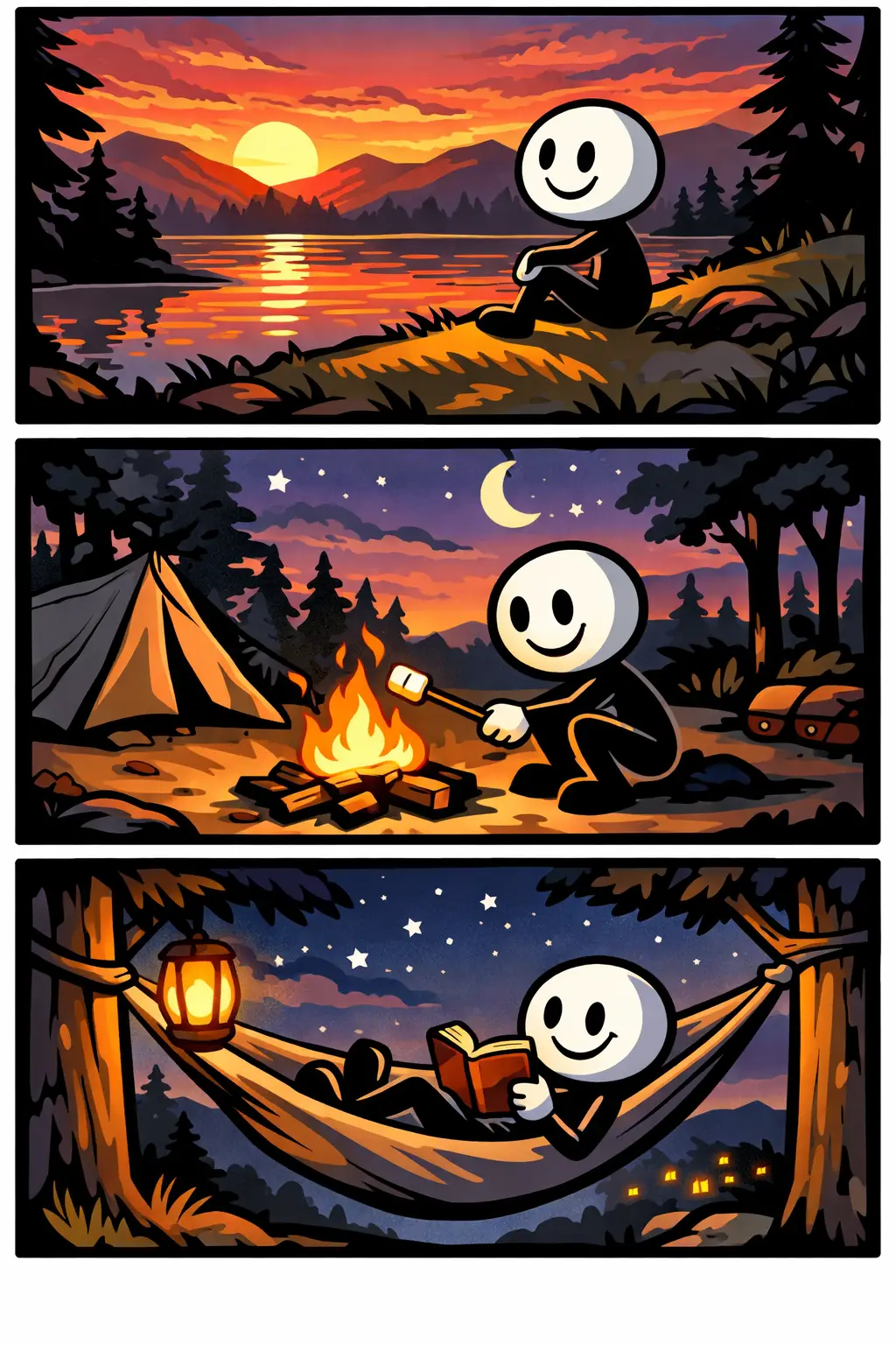 Een Toonwords-stijl stripafbeelding met drie panelen waarin een stickman het vallen van de avond beleeft, van zonsondergang tot sterrennacht in verschillende omgevingen.