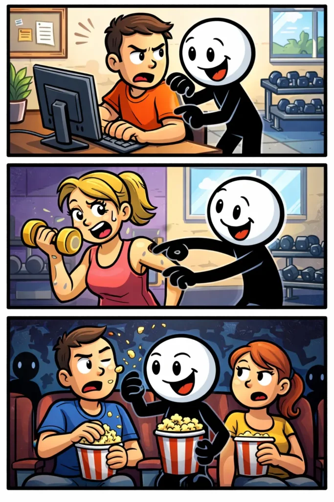 Een stripafbeelding in Toonwords-stijl met drie panelen onder elkaar. In paneel 1 probeert een stickman te lopen terwijl een steen zijn weg blokkeert. In paneel 2 wil de stickman iets optillen maar iemand anders zit in de weg. In paneel 3 probeert de stickman vooruit te komen terwijl een obstakel hem tegenhoudt. Het woord Hinderen wordt uitgebeeld door situaties waarin beweging of actie wordt belemmerd.