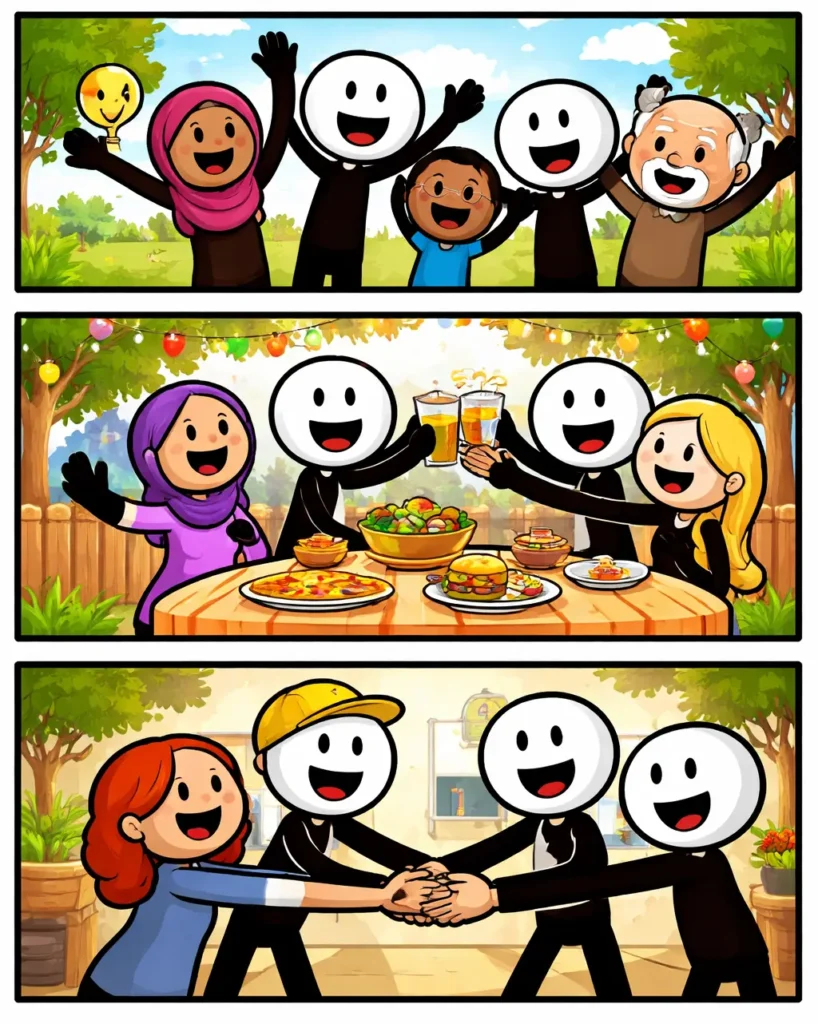 Een groep vrolijke stickfiguren van verschillende groottes en kleuren staat samen bij elkaar en zwaait, terwijl één stickman in het midden blij om zich heen kijkt en iedereen erbij hoort.