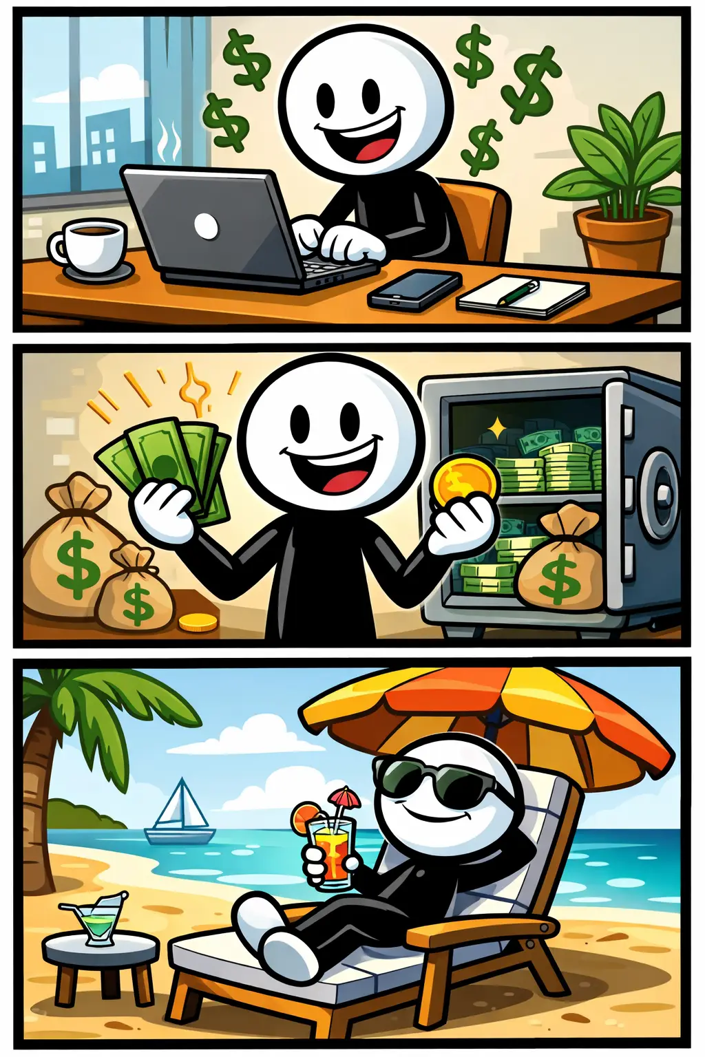 Stickman ontvangt inkomen via werk en ziet geld binnenkomen in drie opeenvolgende scènes