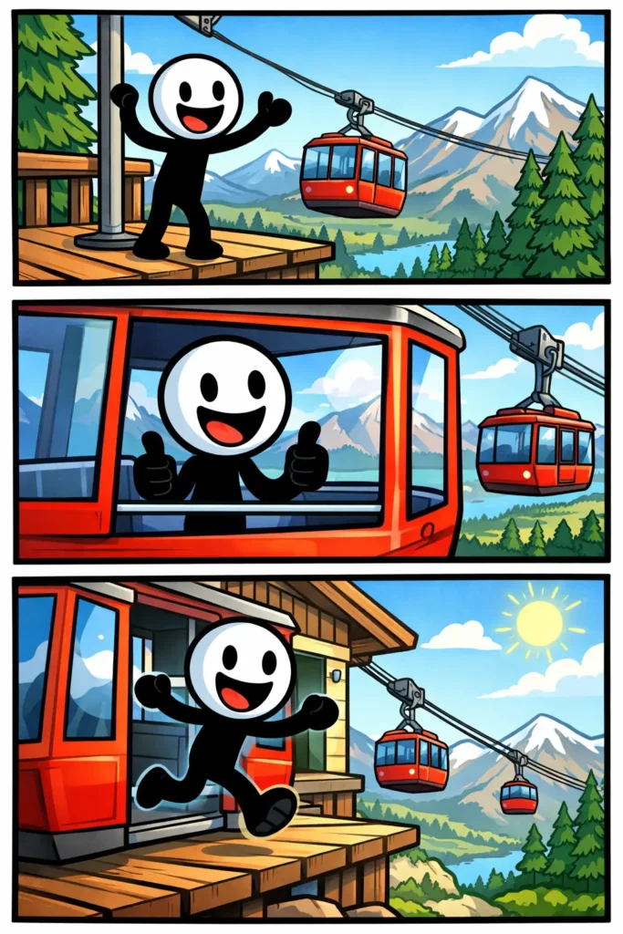 Stickman maakt een rit met een kabelbaan in de bergen en geniet van het uitzicht tijdens het opstijgen en uitstappen.