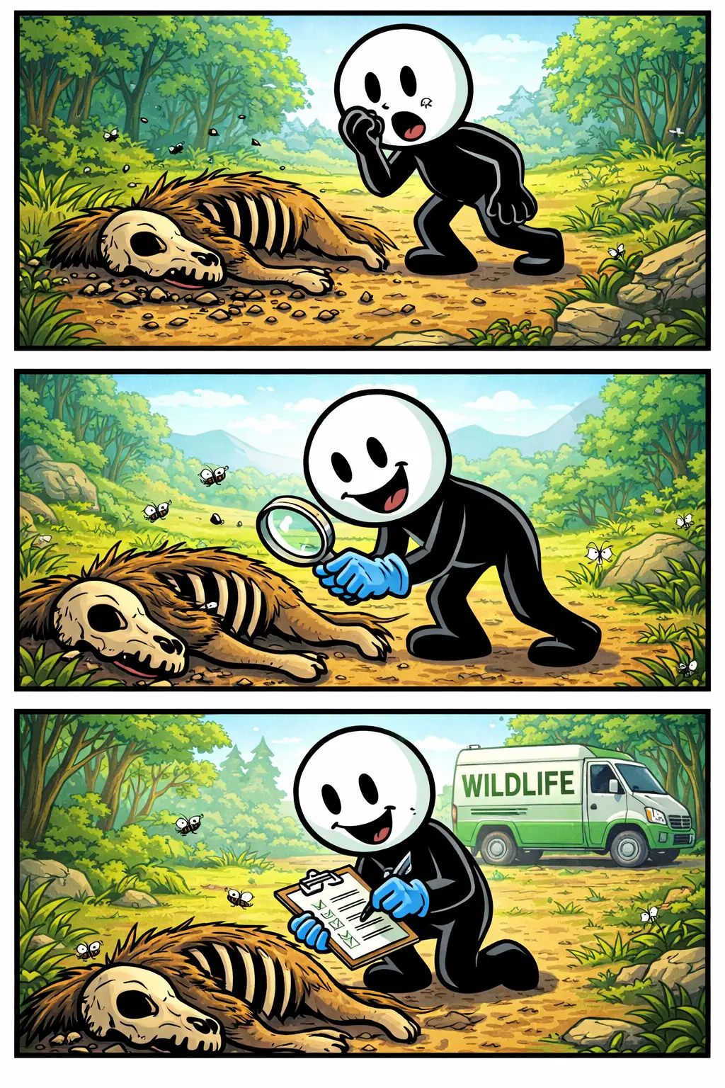 Drie panelen met stickman die een kadaver in de natuur ontdekt, onderzoekt en observeert hoe het langzaam verandert.