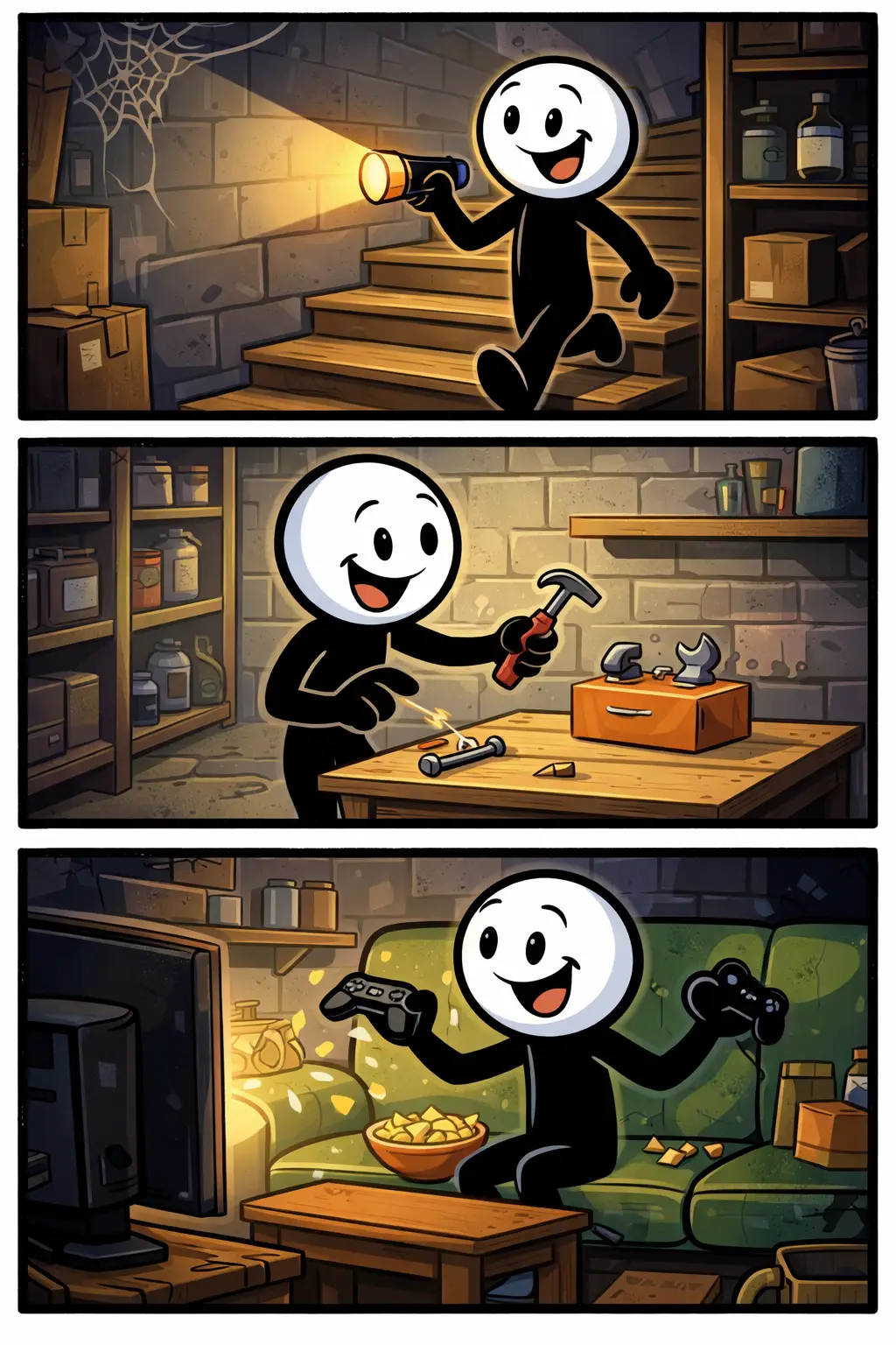 Een stripafbeelding in Toonwords-stijl met drie panelen onder elkaar. In paneel 1 opent een stickman een luik in de vloer en kijkt nieuwsgierig naar beneden. In paneel 2 loopt de stickman een trap af naar een donkere ruimte onder het huis. In paneel 3 staat de stickman in de kelder tussen opgeslagen spullen zoals dozen en flessen. Het woord Kelder wordt uitgebeeld als een ruimte onder de grond die gebruikt wordt voor opslag.