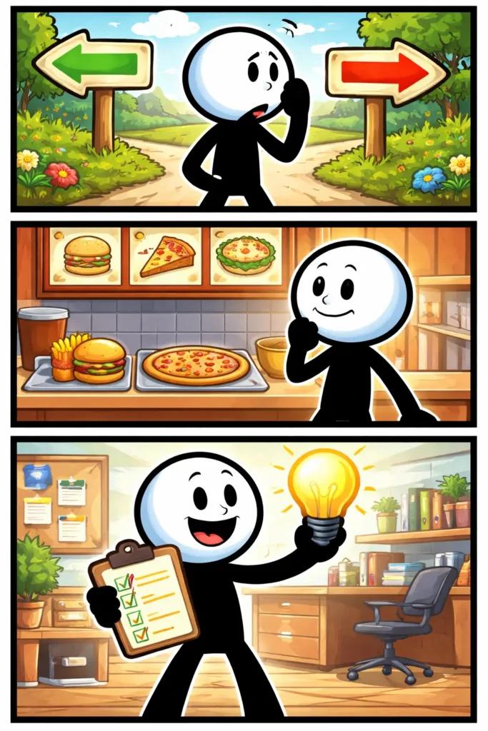 Een Toonwords-strip waarin een stickman voor meerdere paden staat, nadenkt en uiteindelijk een keuze maakt door één richting op te lopen.