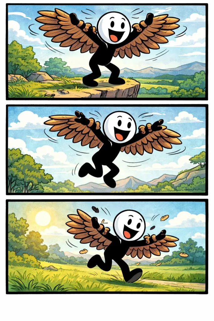 Een Toonwords-strip met drie gekleurde panelen waarin een stickman een vogel ziet klapwieken: eerst zit de vogel stil, daarna begint hij krachtig met zijn vleugels te slaan, en in het laatste paneel vliegt hij vrolijk door de lucht terwijl de stickman omhoog kijkt.