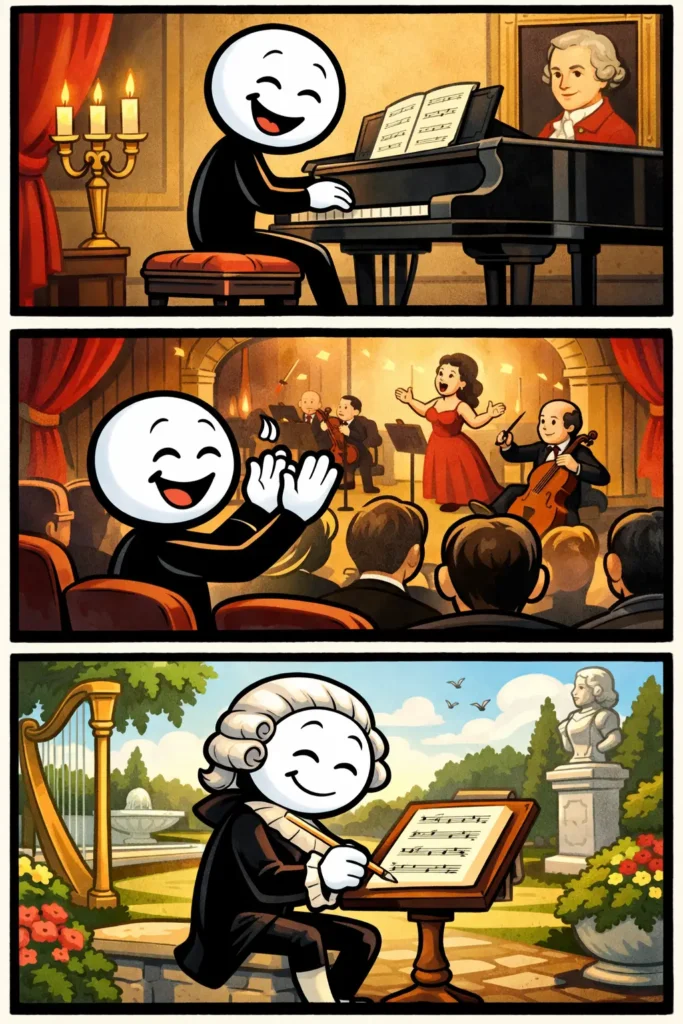 Stripafbeelding met drie panelen onder elkaar in Toonwords-stijl over Klassiek: een stickman met witte kop en zwart lichaam bekijkt eerst een oud standbeeld in een museum, speelt daarna een viool in een concertzaal en leest tenslotte een oud boek in een rustige bibliotheek, met in elk paneel een ander decor en een rustige, positieve sfeer.