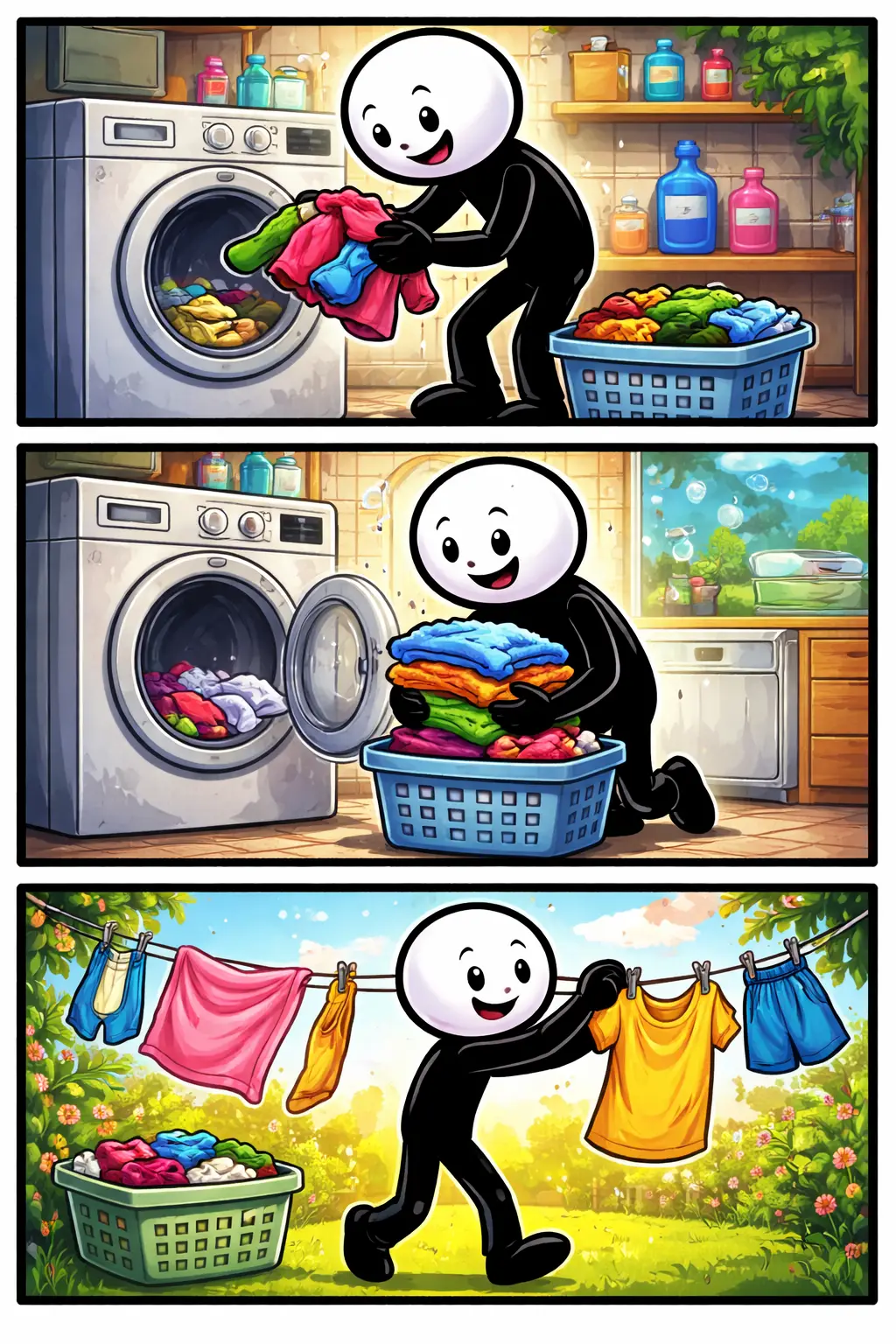 Toonwords-stickman wast kleren in drie scènes: eerst stopt hij een stapel kleding in een wasmachine, daarna kijkt hij naar de draaiende trommel, en tenslotte hangt hij schone kleren tevreden op aan een waslijn.