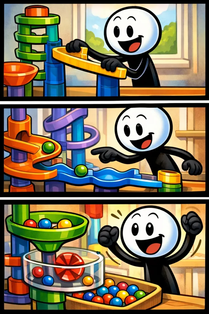 Stickman laat knikkers rollen door een kleurrijke knikkerbaan met bochten en hellingen.