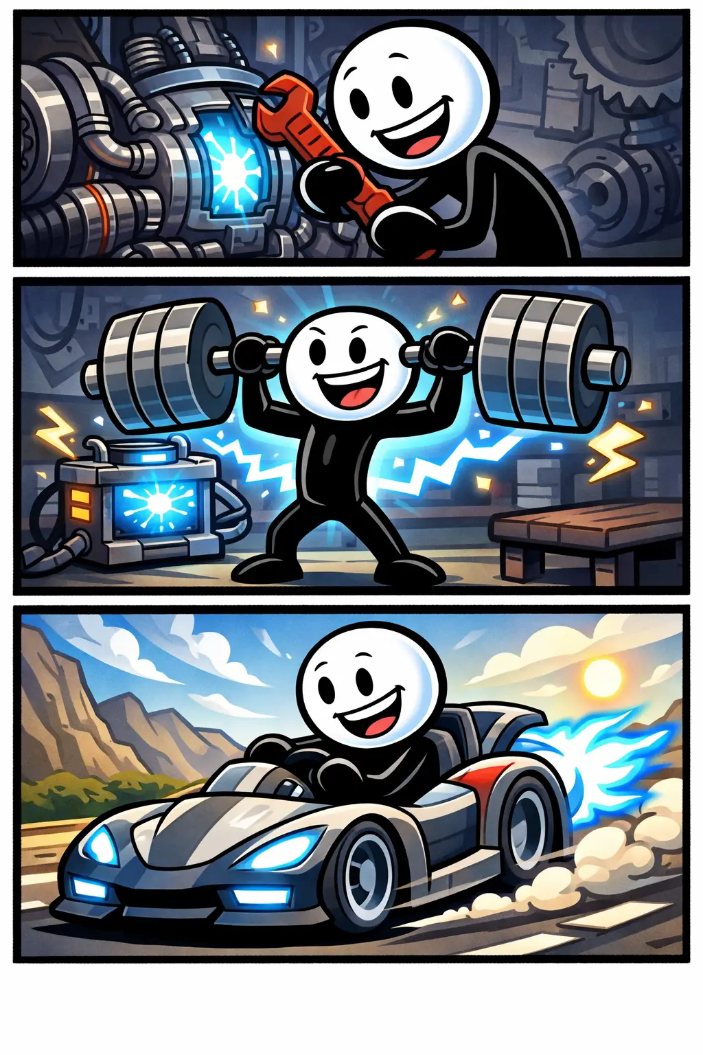 Een Toonwords-strip van het woord krachtbron waarin een stickman energie haalt uit verschillende bronnen, zoals zonlicht, voeding en innerlijke motivatie, met een krachtige en positieve uitstraling.