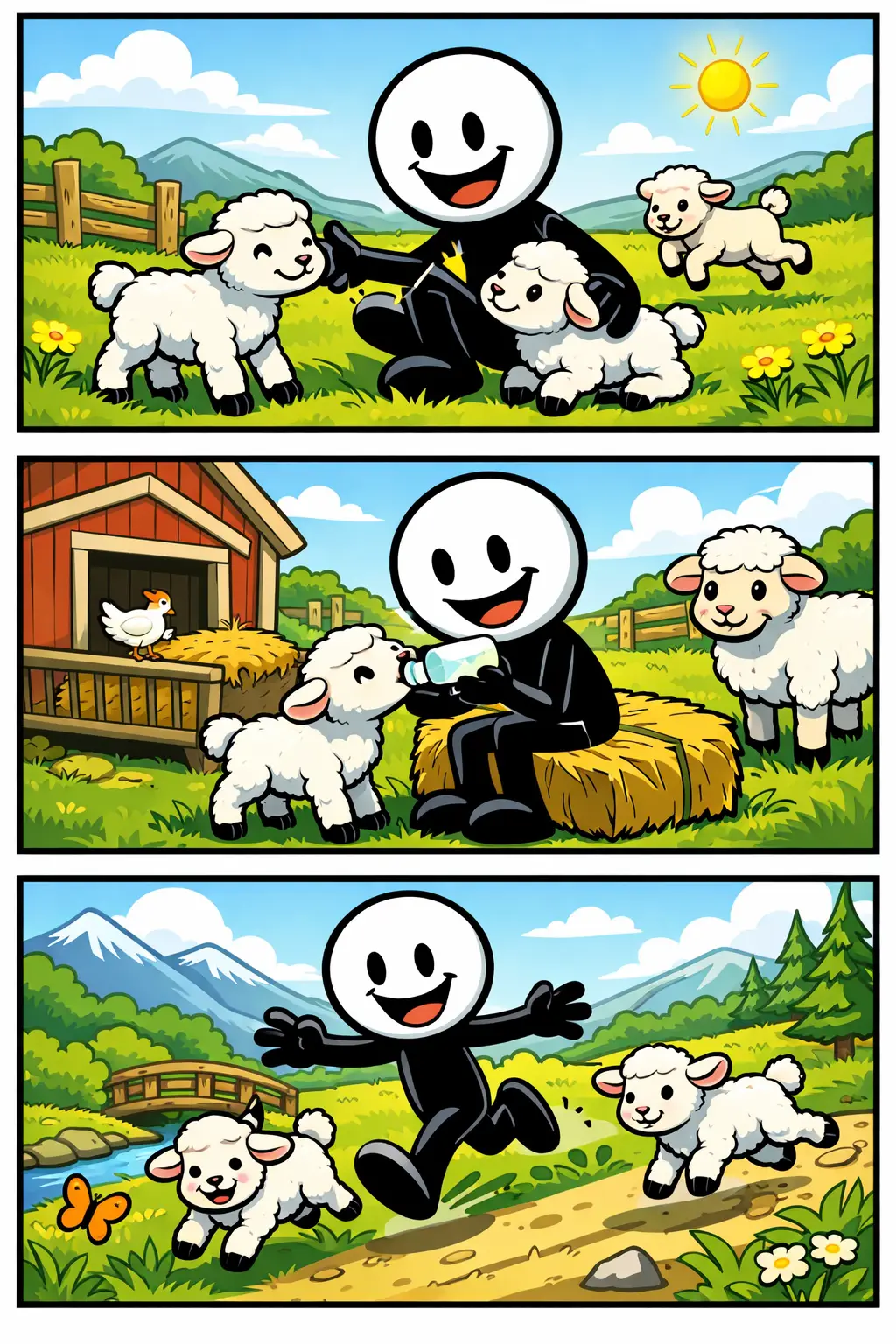 Drie panelen met stickman tussen lammetjes in een groene wei, waar de lammetjes speels rondlopen en springen.