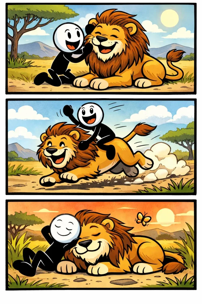 Een Toonwords-strip met drie gekleurde panelen waarin een stickman een Leeuw tegenkomt: eerst ziet hij de leeuw in de savanne, daarna kijkt hij vol bewondering terwijl de leeuw trots staat, en in het laatste paneel loopt de leeuw rustig weg terwijl de stickman glimlacht.