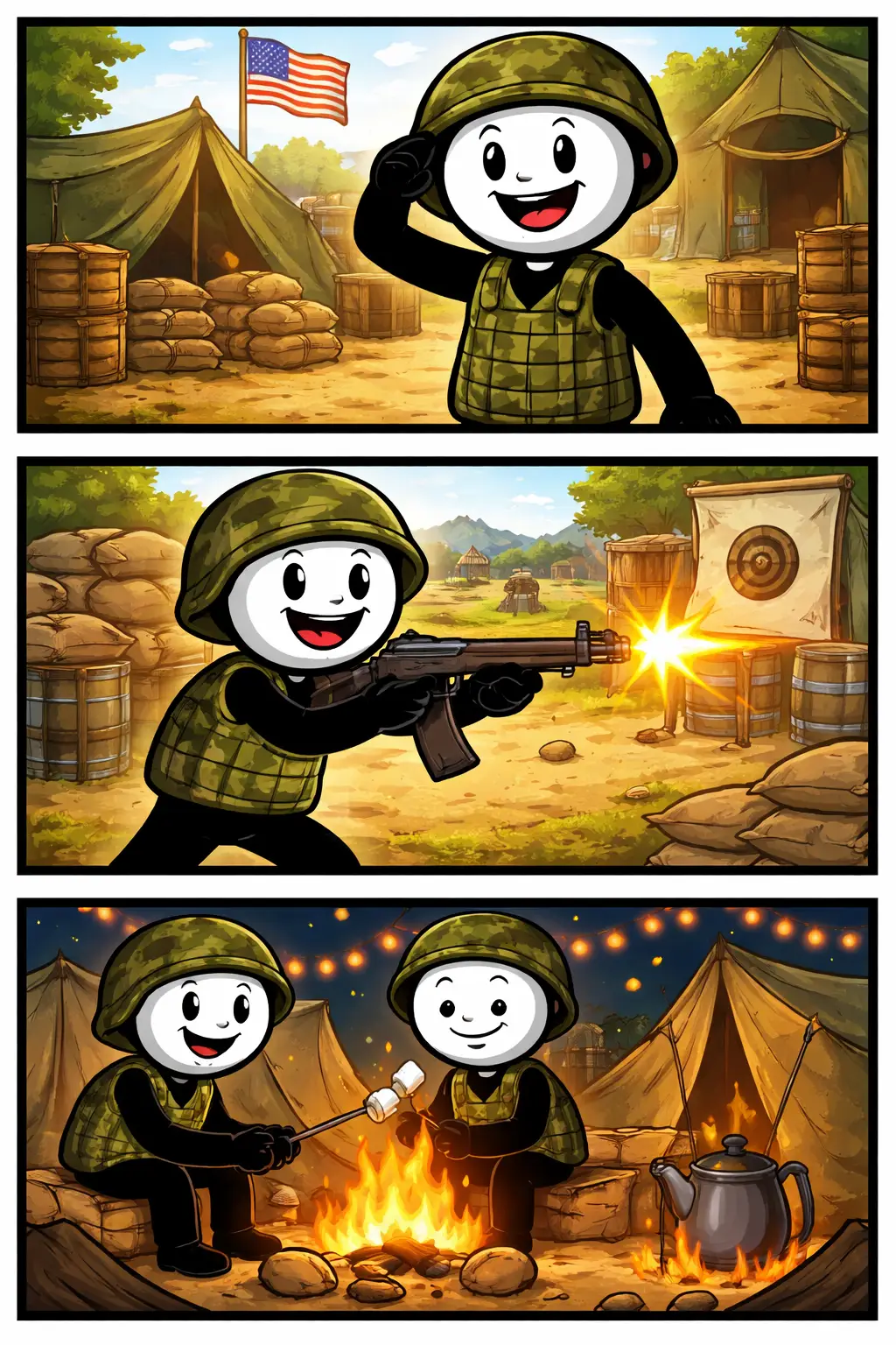 Een stickman bevindt zich in een legerkamp waar verschillende activiteiten plaatsvinden zoals trainen, samenwerken en rusten tussen tenten en uitrusting.