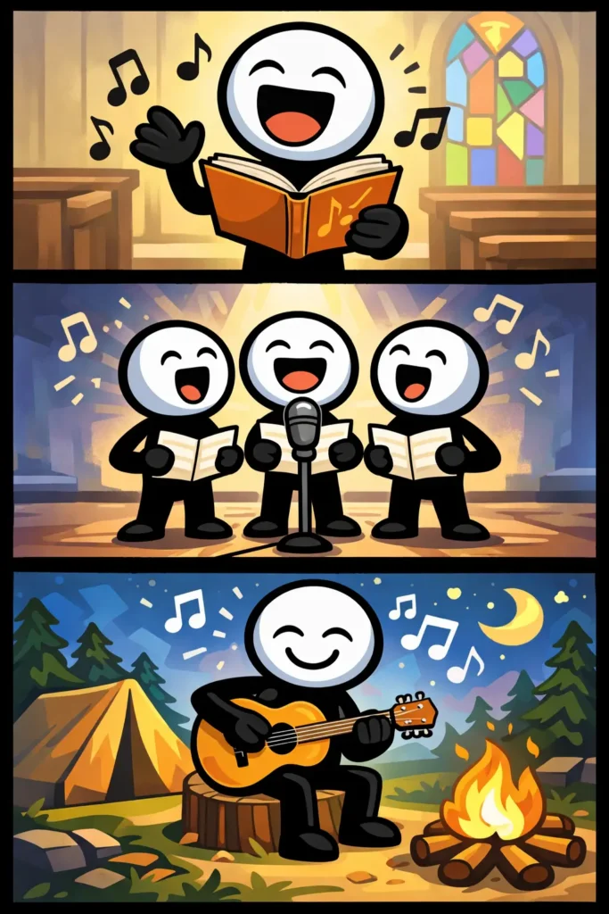 Drie panelen met een stickman die liederen zingt: eerst solo met een boek, daarna samen op een podium, en tenslotte spelend bij een kampvuur onder de sterren.