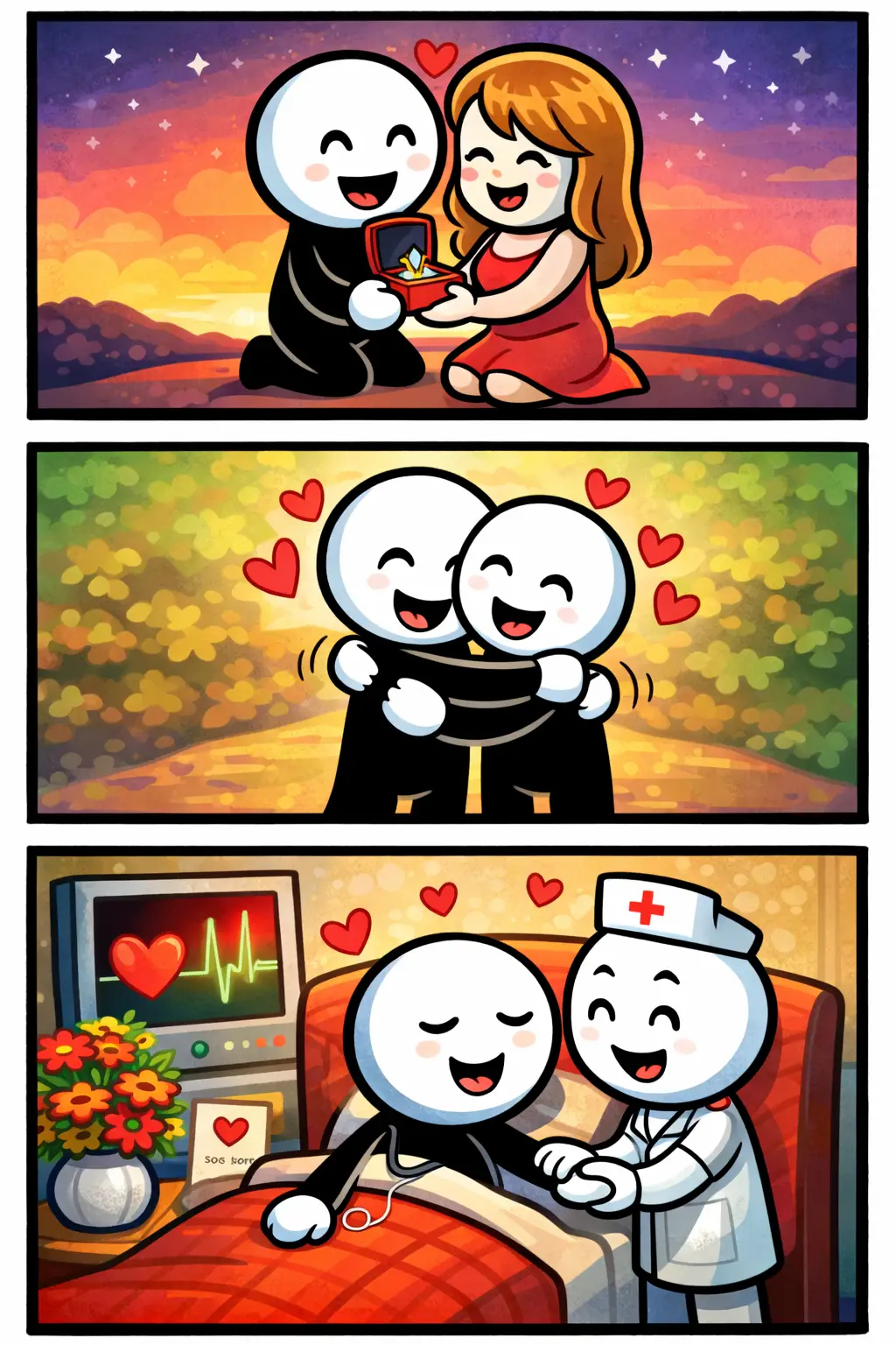 Stickman toont liefde door iemand te omarmen, vriendelijk te zorgen voor een dier en blij samen te zijn in een vrolijke omgeving.