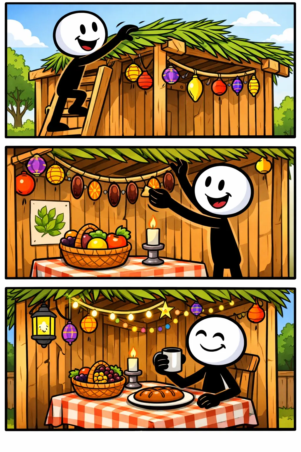 Een vrolijke stickman bouwt een loofhut van takken en bladeren in een groen bos, zit daarna ontspannen onder het bladerdak en kijkt tevreden rond terwijl zonlicht door de bladeren schijnt.