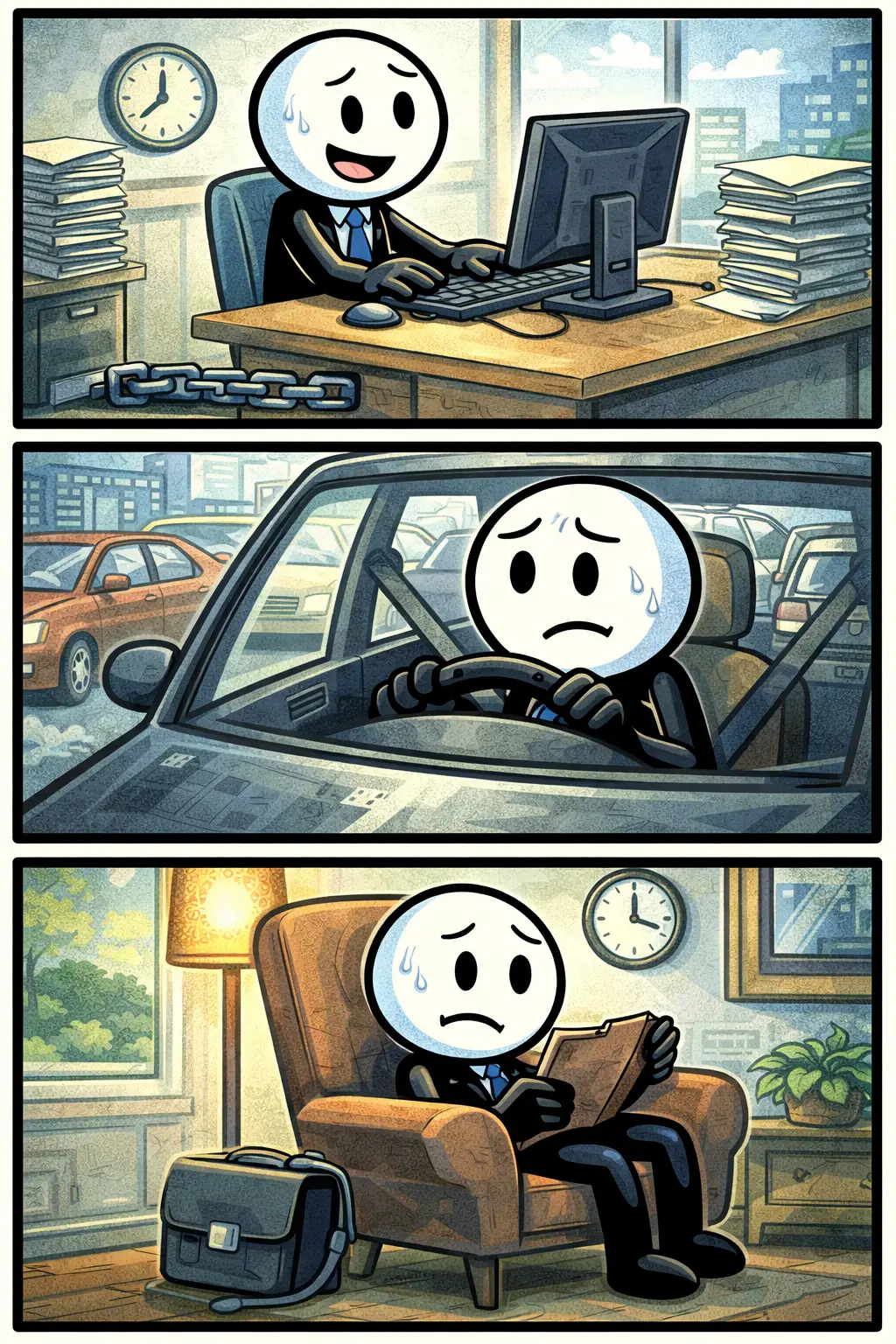 Stickman voelt zich loonslaaf terwijl hij lange dagen werkt, achter een bureau zit en vermoeid naar huis loopt in drie verschillende scènes.