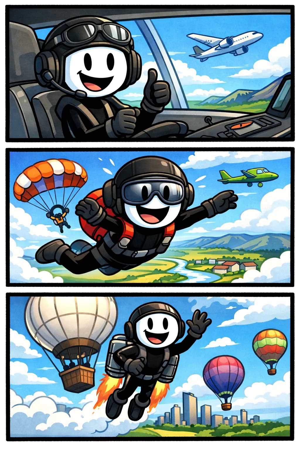 Een strip met drie panelen over luchtruim: in het eerste paneel kijkt een stickman vanaf de grond naar vliegtuigen in de lucht, in het tweede paneel ziet hij vanuit een verkeerstoren meerdere vliegende toestellen op radar, en in het derde paneel vliegt hij zelf door de lucht tussen de wolken.