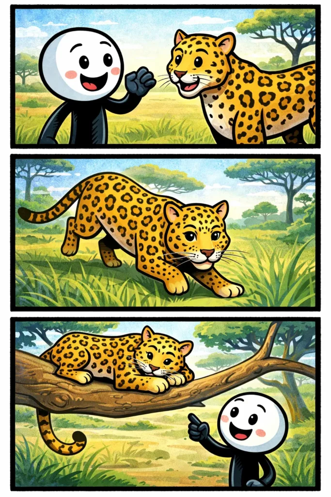 Luipaard: stickman met witte kop en zwart lichaam die een gevlekt luipaard ontmoet, het ziet sluipen door het gras en het daarna ontspannen in een boom ziet liggen in drie gekleurde panelen met verschillende natuurdecors.