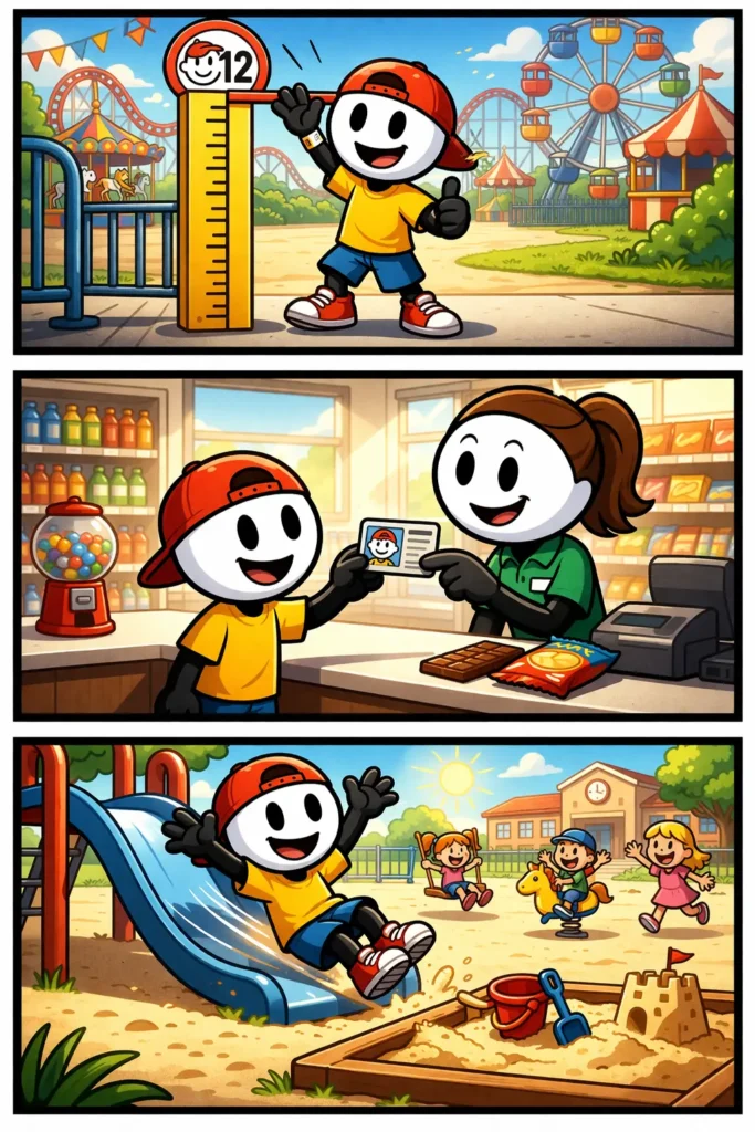 Een Toonwords-strip met drie panelen waarin een jonge stickman als minderjarig wordt weergegeven in situaties zoals spelen, begeleiding door een volwassene en een verjaardag richting volwassenheid.