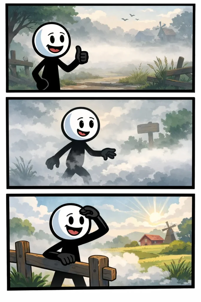 Stickman die in drie stappen door een dikke mistbank loopt waarbij het landschap eerst verdwijnt en daarna langzaam weer zichtbaar wordt.