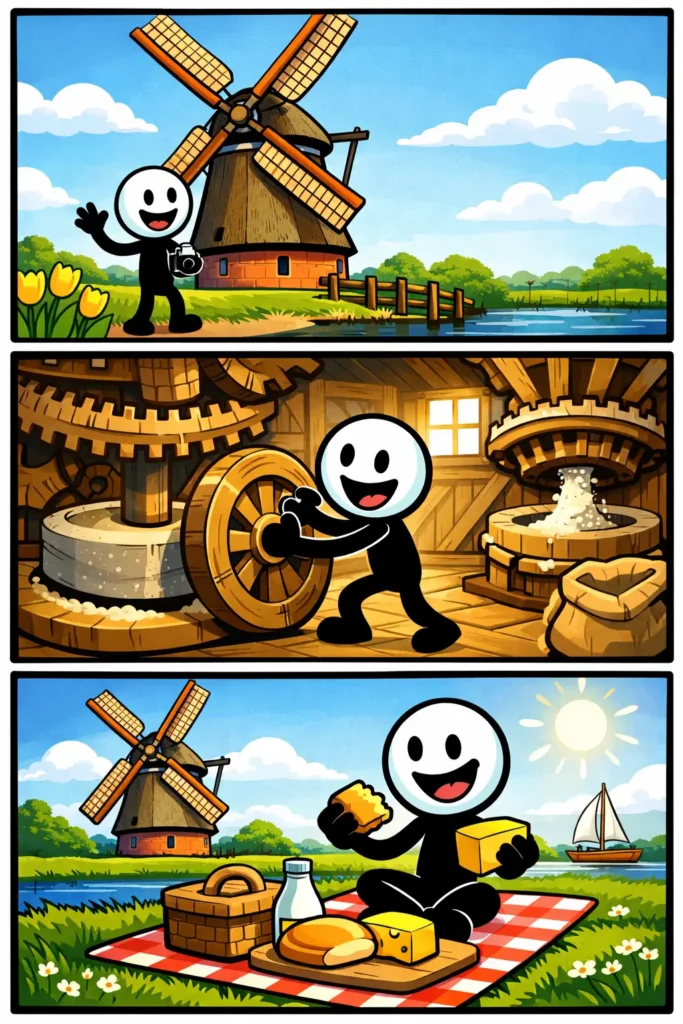Drie panelen met een stickman bij een molen: eerst loopt hij langs een houten molen in een groen veld, daarna draait hij vrolijk mee met de wieken, en tenslotte staat hij bovenin de molen en kijkt uit over het landschap.