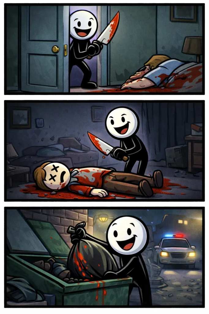 Een Toonwords-stickman in drie panelen rond het begrip moord: eerst een gespannen situatie, daarna een conflictmoment en tenslotte een serieuze nasleep met politie-achtige setting zonder expliciet geweld.