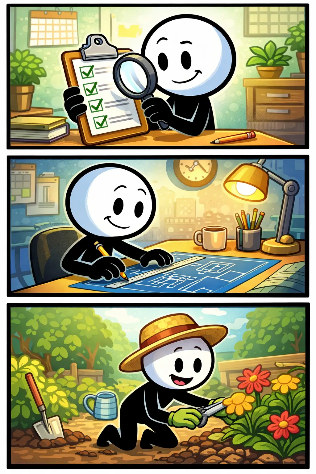 Een Toonwords-strip waarin een stickman heel nauwgezet werkt door iets stap voor stap precies uit te voeren en elk detail zorgvuldig te controleren.