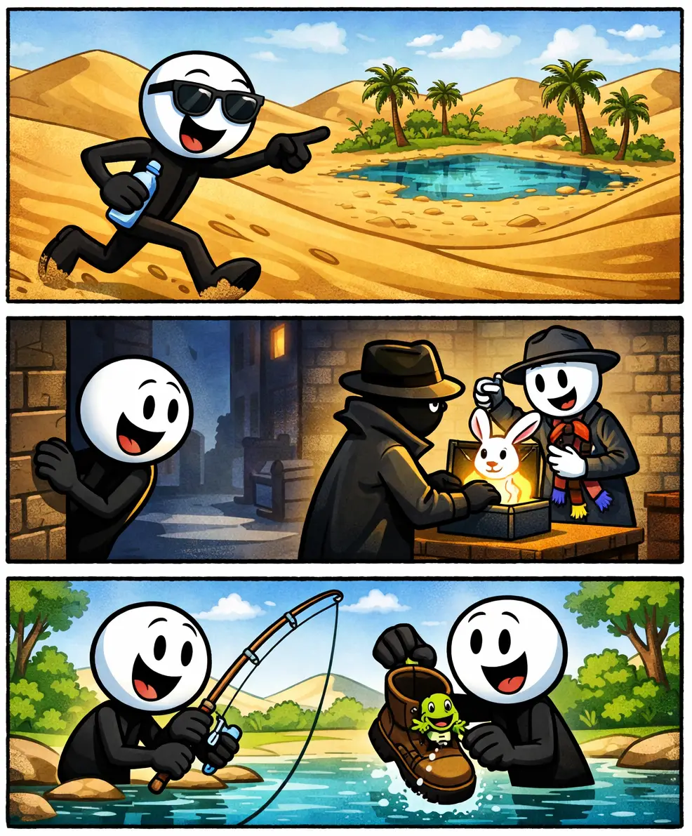 Een Toonwords-strip waarin een stickman eerst een oase ziet in de woestijn, daarna een mysterieuze ontmoeting heeft die een truc blijkt, en uiteindelijk vist maar slechts een laars met een kikker vangt, wat laat zien dat niets is wat het lijkt.