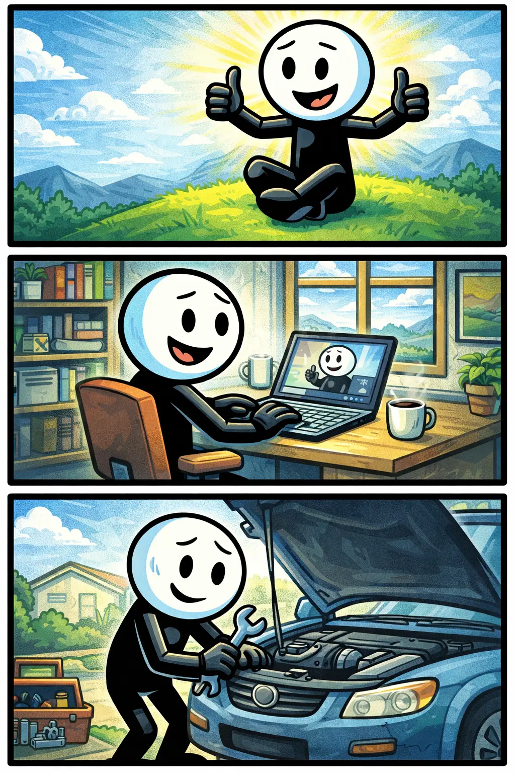 Stickman is onafhankelijk door zelf beslissingen te nemen, alleen op pad te gaan en zelfstandig een taak uit te voeren in drie verschillende scènes.