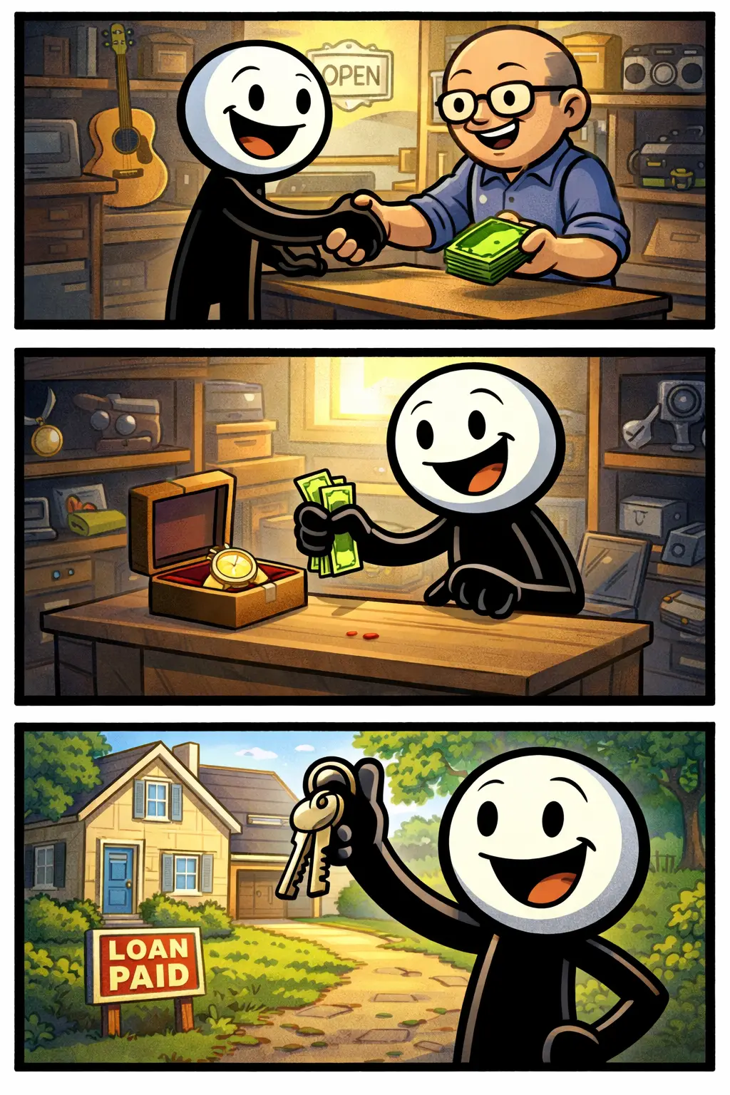 Een Toonwords-stickman gebruikt onderpand in drie panelen: eerst een waardevol object overhandigen, daarna geld ontvangen en tenslotte tevreden met resultaat na het terugkrijgen van het bezit.