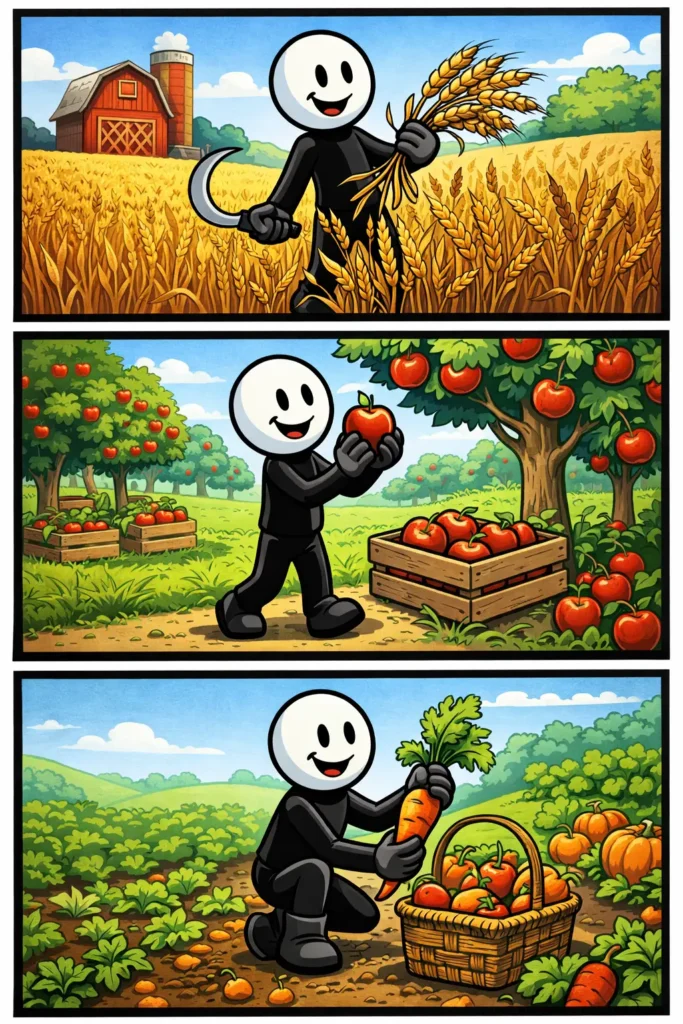 Een Toonwords-strip van het woord oogst waarin een stickman verschillende gewassen verzamelt, zoals graan snijden, fruit plukken en groenten uit de grond halen, met een tevreden en positieve houding.