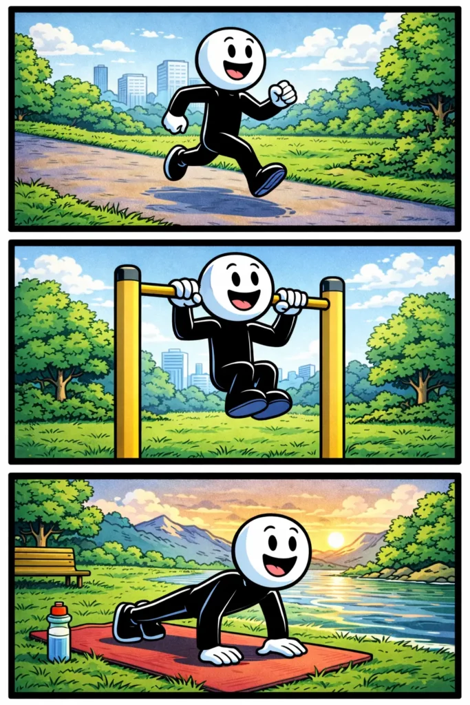 Toonwords-strip van outdoorfitness waarin een stickman buiten in een park verschillende fitnessoefeningen doet op sporttoestellen.