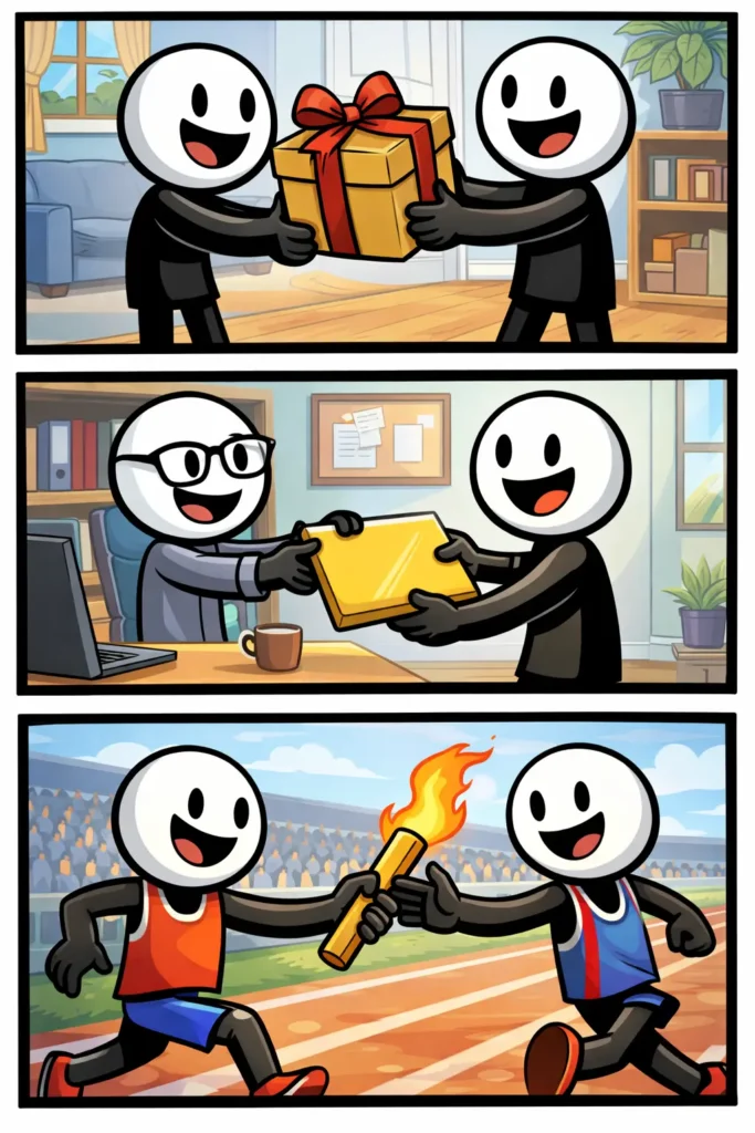 Toonwords-strip van het woord overdragen waarin een stickman eerst een map vasthoudt, daarna deze aan een andere stickman geeft en tenslotte ziet hoe de tweede stickman ermee verder werkt.