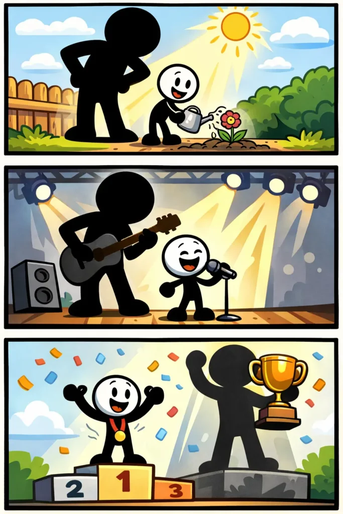 Stickman met witte kop en zwart lichaam wordt in drie panelen overschaduwd: eerst in een tuin waar een grote schaduw het zonlicht blokkeert, daarna op een podium waar een grotere figuur alle aandacht trekt, en tenslotte op een podium waar een kleine winnaar overschaduwd wordt door een grotere schaduw met een trofee.