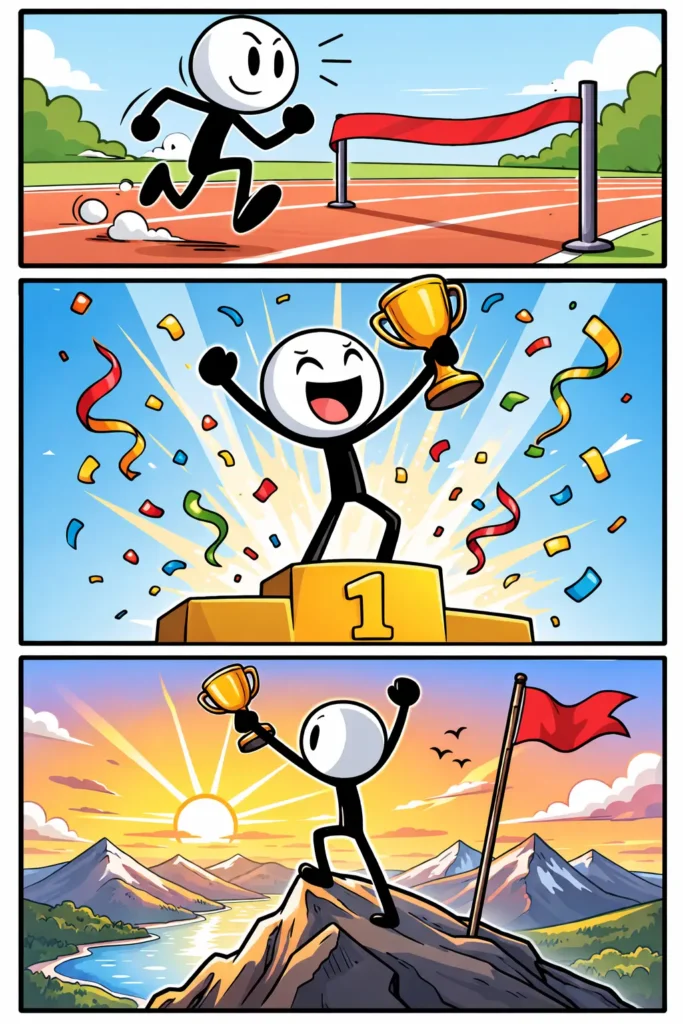 Toonwords-strip van Overwinning: een stickman rent naar de finish, viert daarna op een podium met een trofee en staat tenslotte triomfantelijk op een bergtop met een vlag bij zonsopkomst.