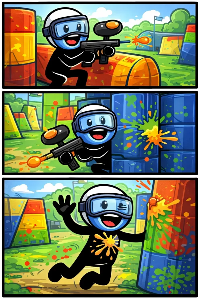 Stickman die in drie panelen verschillende paintball-acties uitvoert, passend bij het woord Paintball.