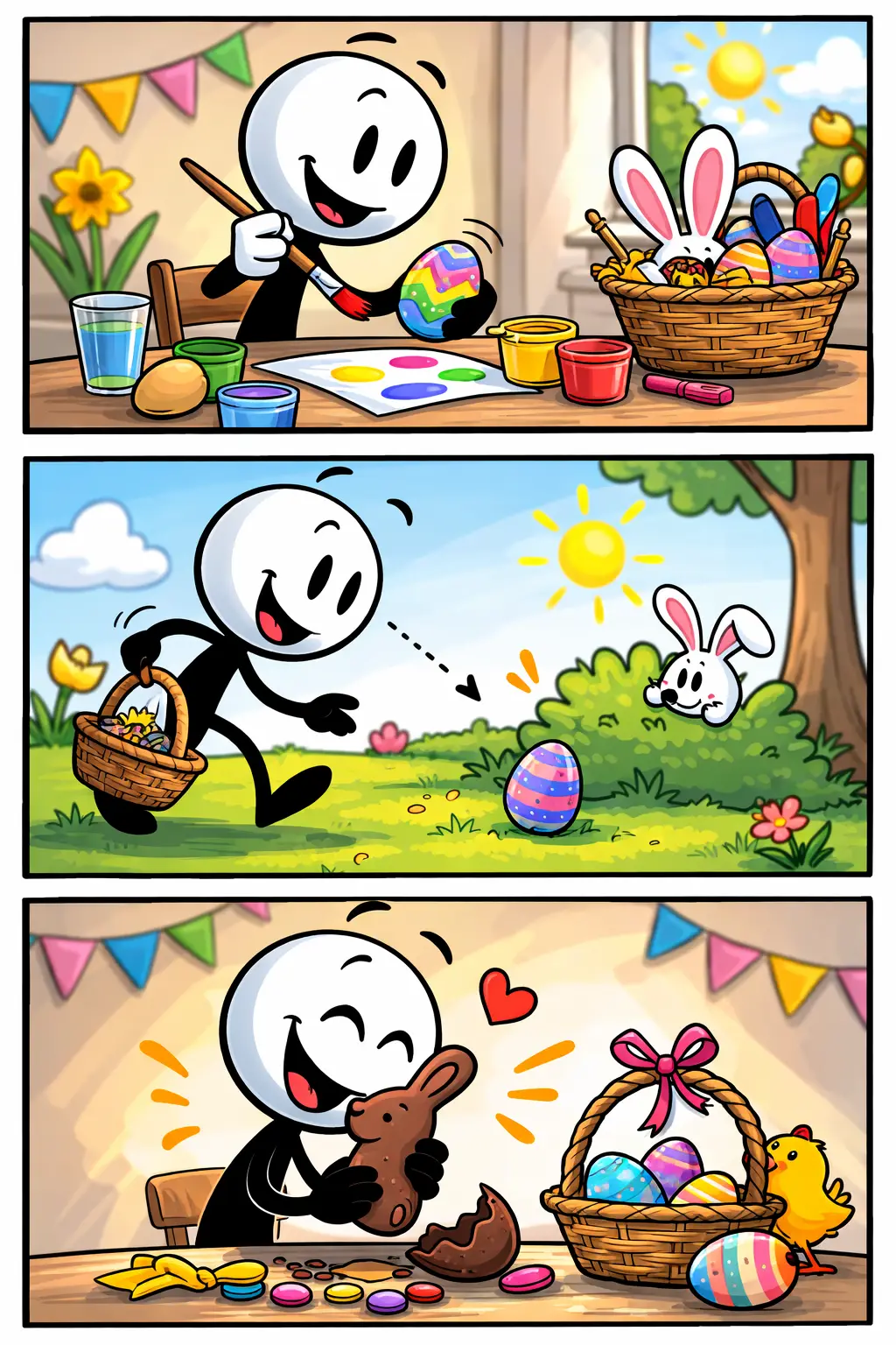 Stickman viert Pasen met versierde eieren en vrolijke lentesferen.