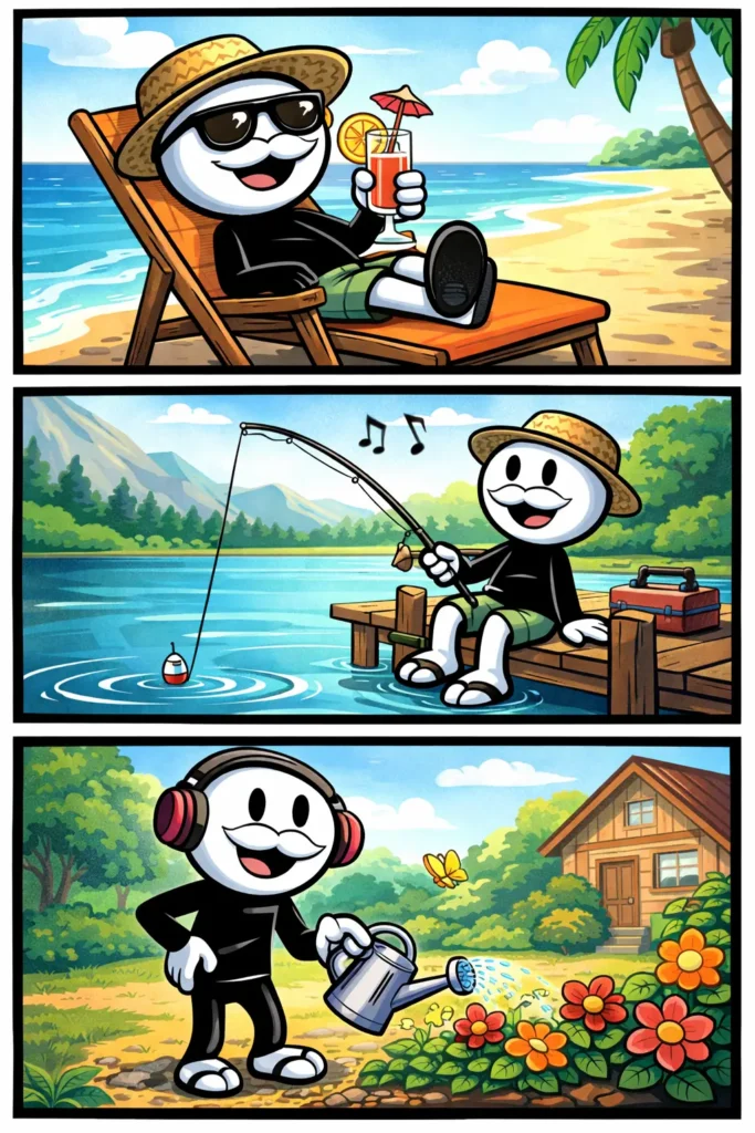 Een Toonwords stripafbeelding van het woord pensioen met een stickman die stopt met werken en geniet van vrije tijd en ontspanning in drie panelen.