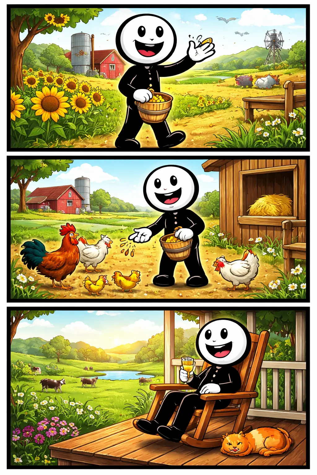 Stickman geniet van het platteland met boerderijen, dieren en open natuur in drie opeenvolgende scènes