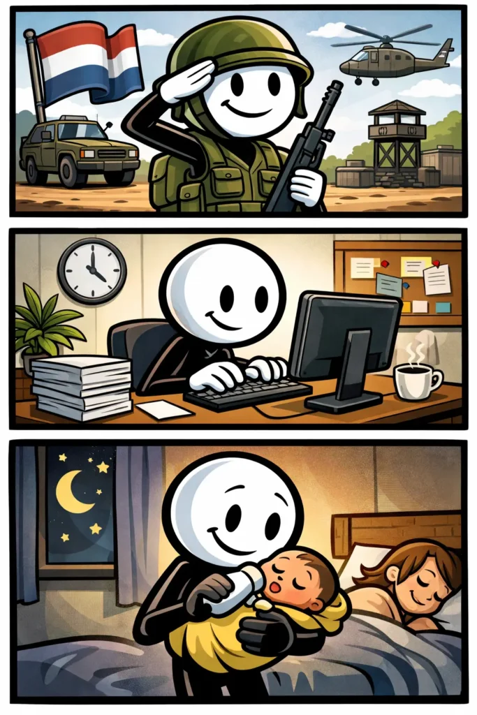 Een Toonwords-strip van het woord plicht waarin een stickman in drie verschillende situaties taken uitvoert, zoals werken, zorgen en verantwoordelijkheid nemen, met een positieve houding.