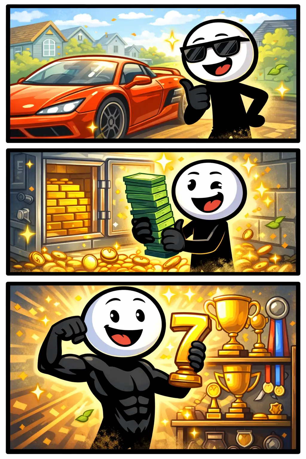 Toonwords-strip met drie panelen waarin een stickman trots staat te pochen over iets terwijl anderen toekijken.