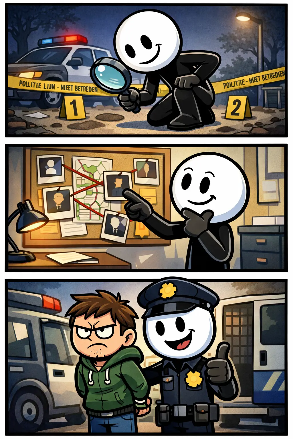Een Toonwords-strip met drie panelen waarin een stickman betrokken is bij een politieonderzoek, zoals sporen bekijken, bewijs verzamelen en analyseren in verschillende omgevingen.