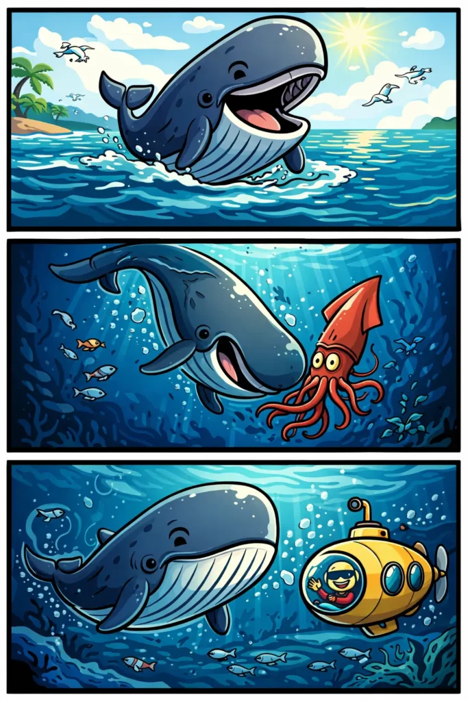 Een stripafbeelding met drie panelen onder elkaar in Toonwords-stijl over potvis: in het eerste paneel zwemt een grote potvis rustig in de diepe oceaan, in het tweede paneel duikt de potvis naar beneden op zoek naar voedsel, in het derde paneel komt de potvis boven water en spuit een fontein uit zijn blaasgat.