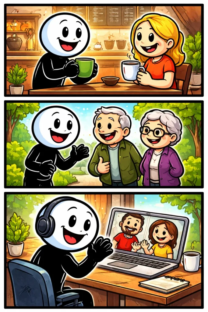 Stickman zit met anderen aan tafel en gebruikt woorden terwijl iedereen vrolijk met elkaar praat.