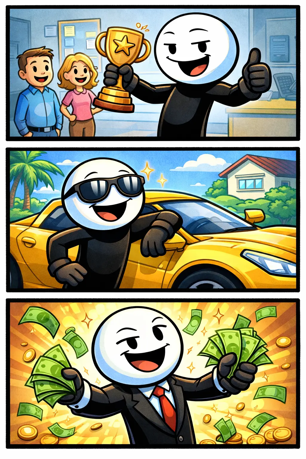 Een strip met drie panelen over pronken: in het eerste paneel laat een stickman trots zijn nieuwe schoenen zien aan anderen, in het tweede paneel poseert hij met een brede glimlach terwijl mensen kijken, en in het derde paneel loopt hij zelfverzekerd rond en geniet zichtbaar van de aandacht.