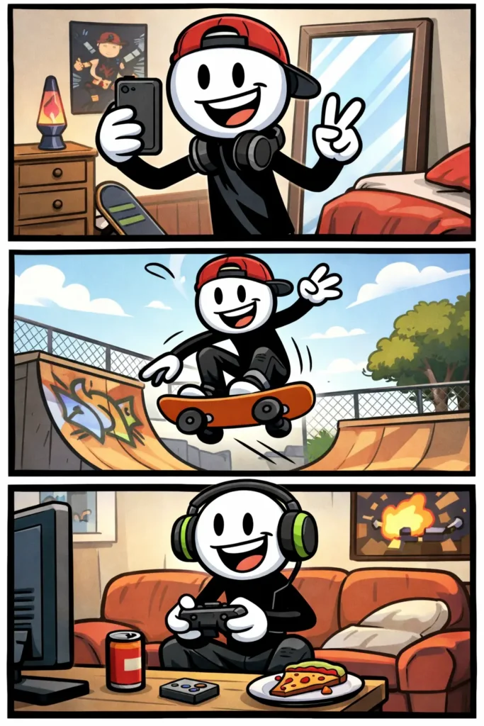 Een Toonwords stripafbeelding van het woord puber met een stickman die verschillende emoties en groeimomenten laat zien in drie panelen.