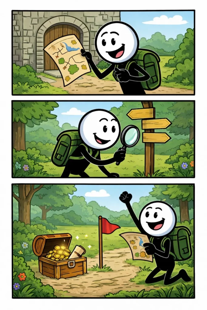 Toonwords-strip van puzzeltocht waarin een stickman een kaart volgt, aanwijzingen onderzoekt en een schat vindt.